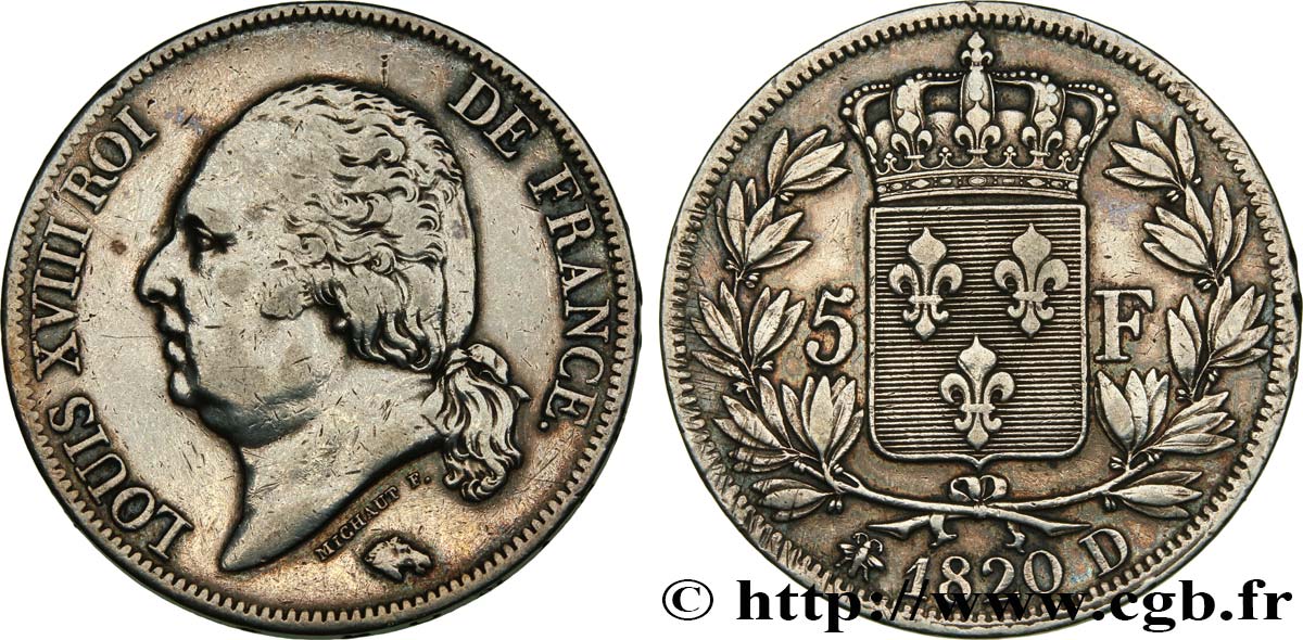 5 francs Louis XVIII, tête nue 1820 Lyon F.309/52 SS42 