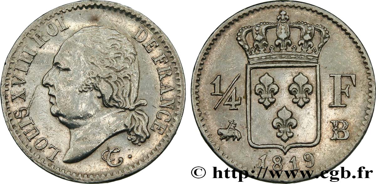 1/4 franc Louis XVIII 1819 Rouen F.163/16 TTB+ 