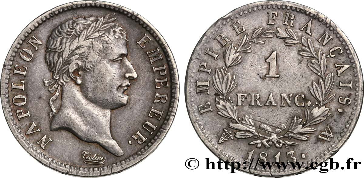 1 franc Napoléon Ier tête laurée, Empire français 1813 Lille F.205/73 BB50 