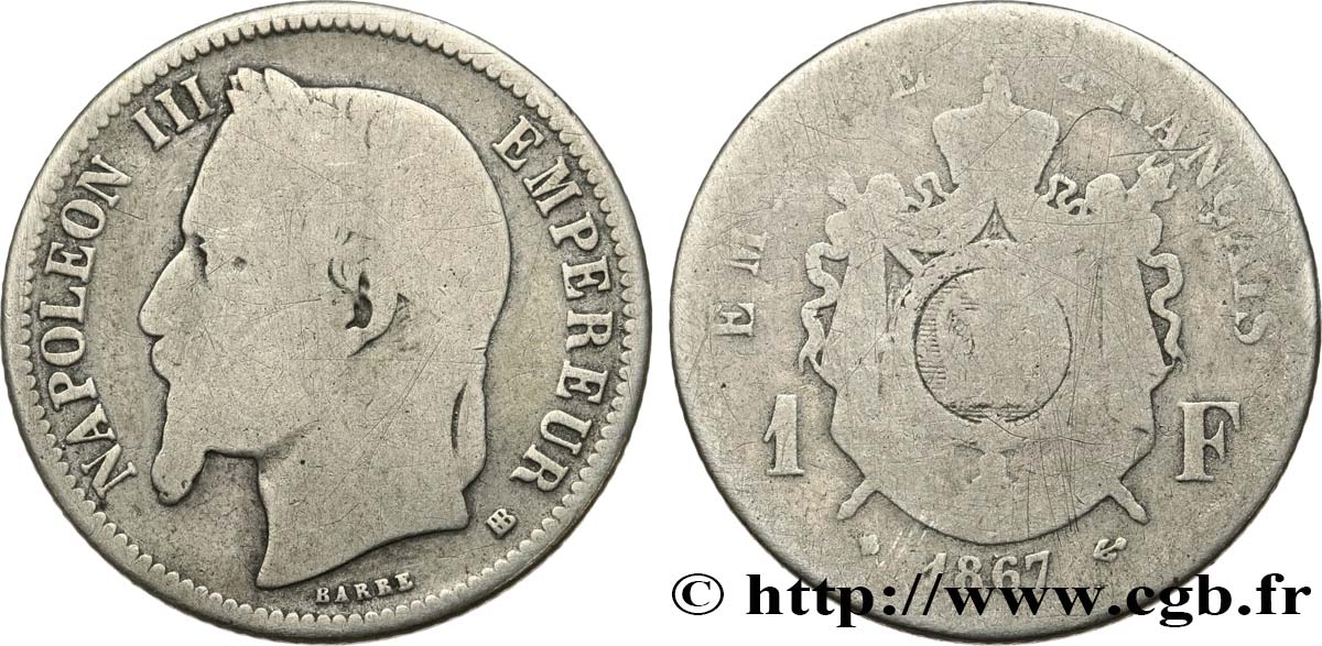1 franc Napoléon III, tête laurée 1867 Strasbourg F.215/7 B6