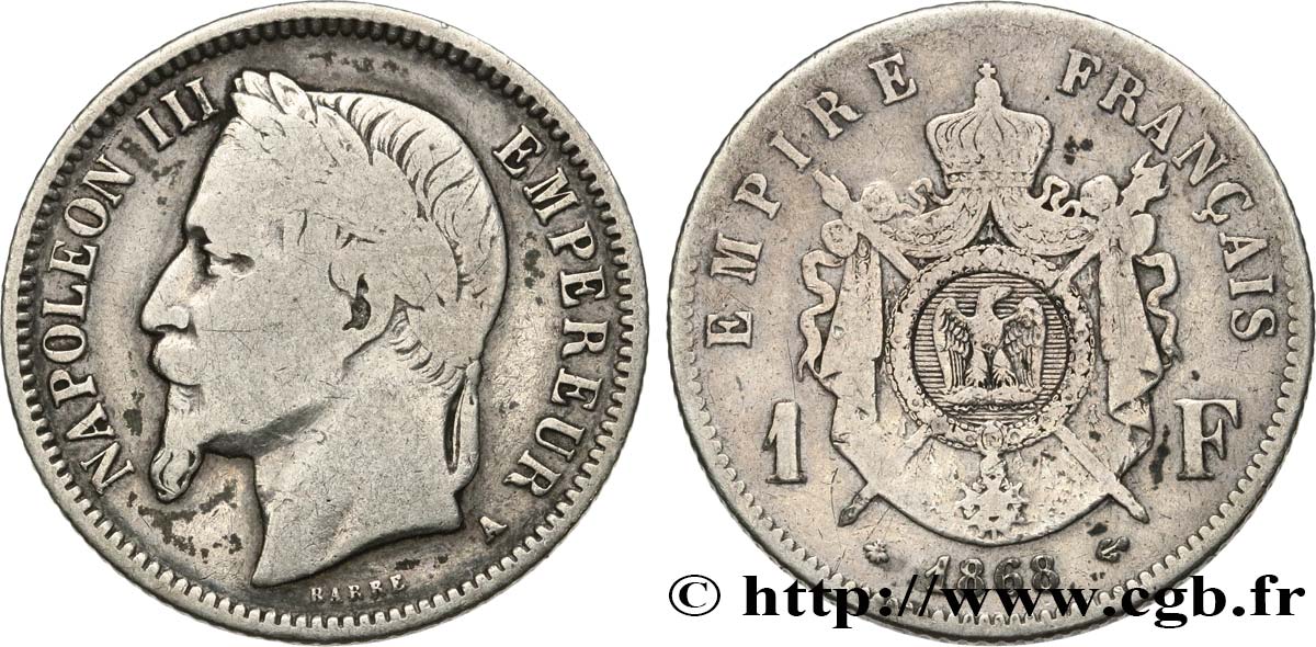 1 franc Napoléon III, tête laurée 1868 Paris F.215/10 F15
