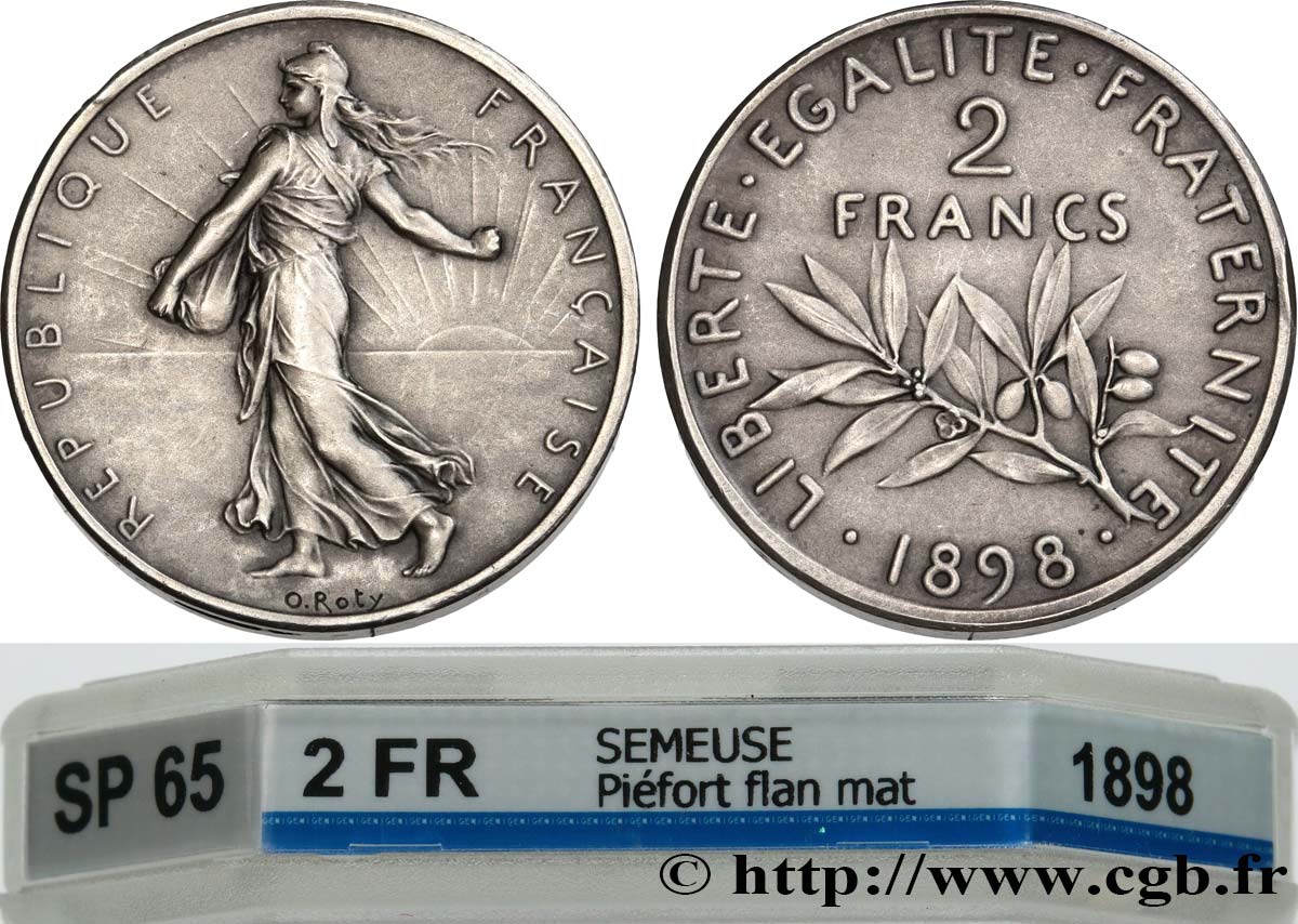 Piéfort 2 francs Semeuse, flan mat, vieil argent 1898 Paris GEM.111 P1 MS65 GENI