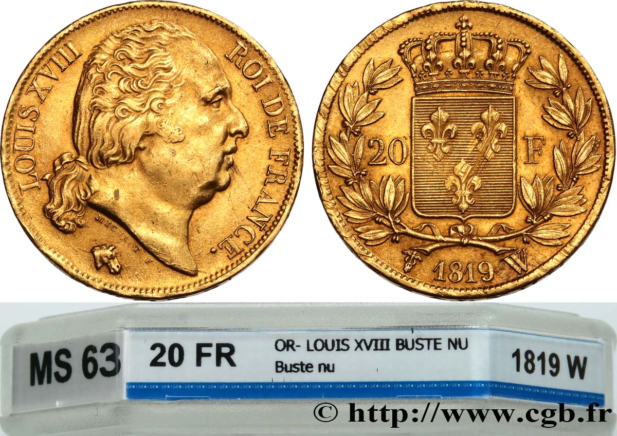 20 francs or Louis XVIII, tête nue 1819 Lille F.519/18 MS63 GENI