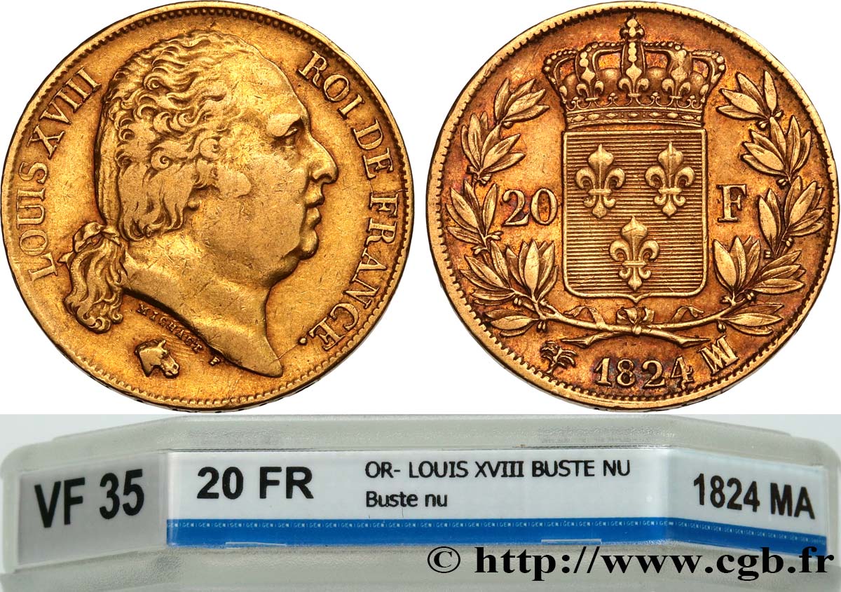 20 francs or Louis XVIII, tête nue 1824 Marseille F.519/32 BC35 GENI