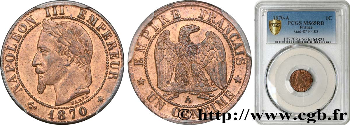 Un centime Napoléon III, tête laurée 1870 Paris F.103/8 MS65 PCGS