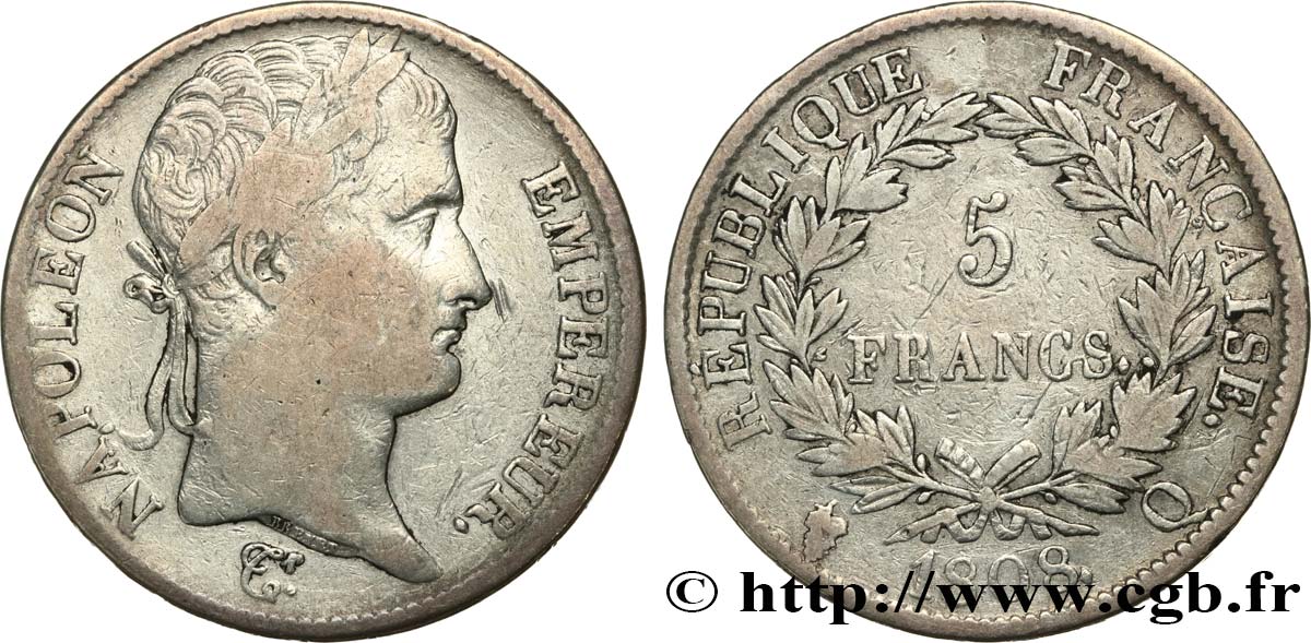 5 francs Napoléon Empereur, République française 1808 Perpignan F.306/12 S25 