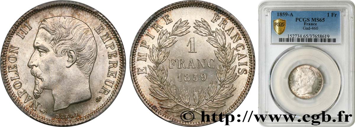 1 franc Napoléon III, tête nue 1859 Paris F.214/12 MS65 PCGS