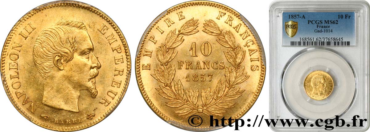 10 francs or Napoléon III, tête nue 1857 Paris F.506/4 SPL62 PCGS