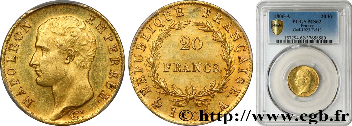 20 francs or Napoléon tête nue, Calendrier grégorien 1806 Paris F.513/1 EBC62 PCGS