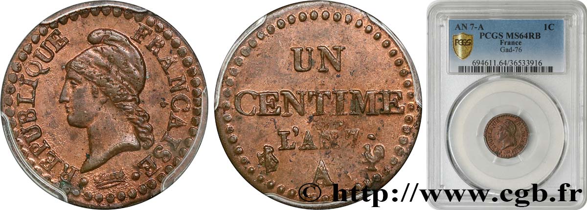 Un centime Dupré, petit 7 1799 Paris F.100/14 MS64 PCGS
