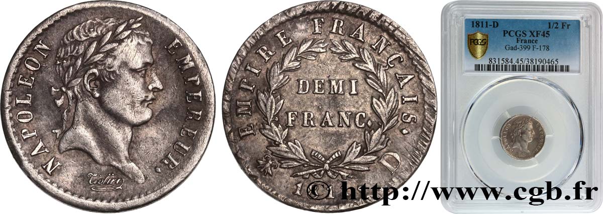 Demi-franc Napoléon Ier tête laurée, Empire français 1811 Lyon F.178/24 SS45 PCGS