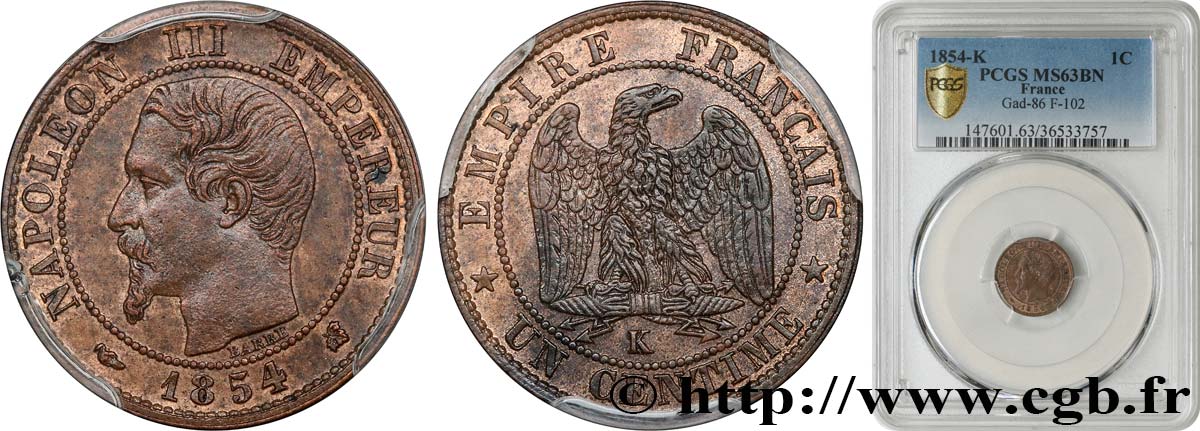 Un centime Napoléon III, tête nue 1854 Bordeaux F.102/13 SC63 PCGS