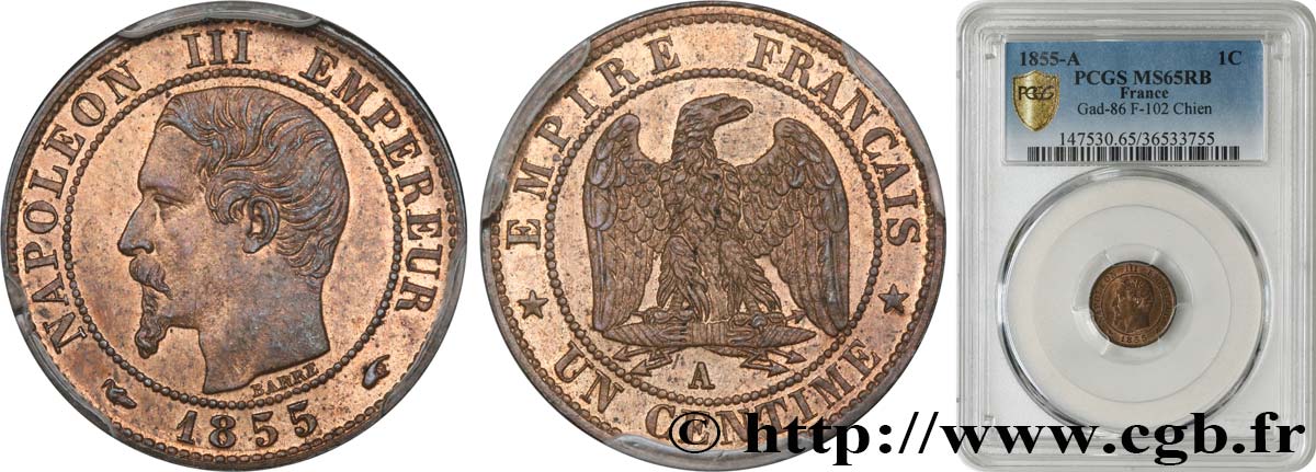 Un centime Napoléon III, tête nue, différent levrette 1855 Paris F.102/15 FDC65 PCGS