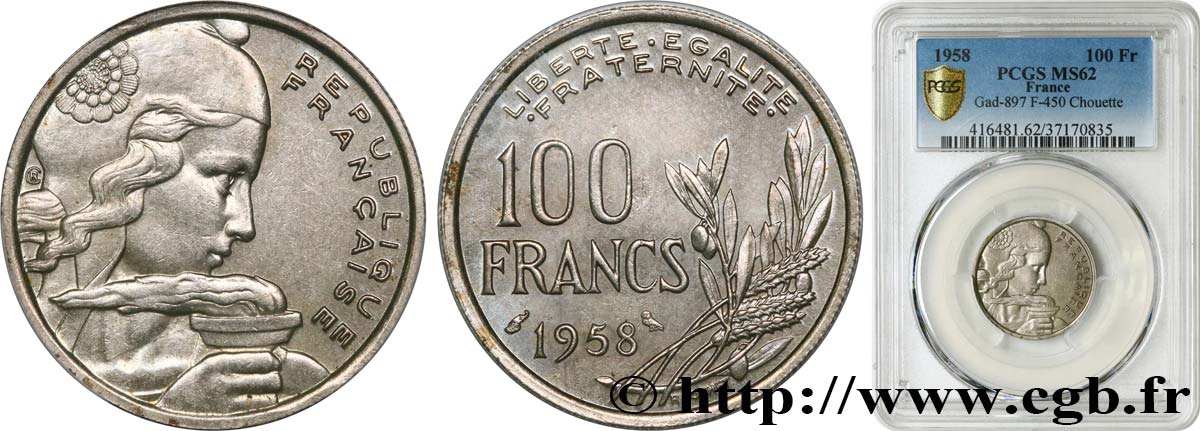 100 francs Cochet, chouette 1958  F.450/13 SPL62 PCGS