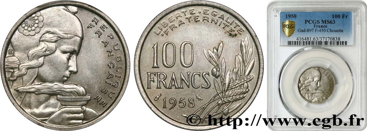 100 francs Cochet, chouette 1958  F.450/13 SC63 PCGS