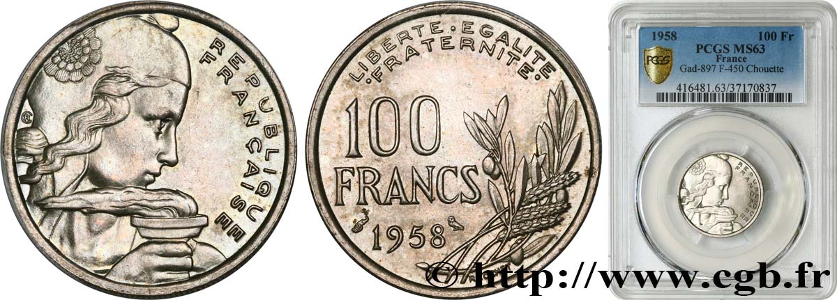 100 francs Cochet, Chouette 1958  F.450/13 fST63 PCGS