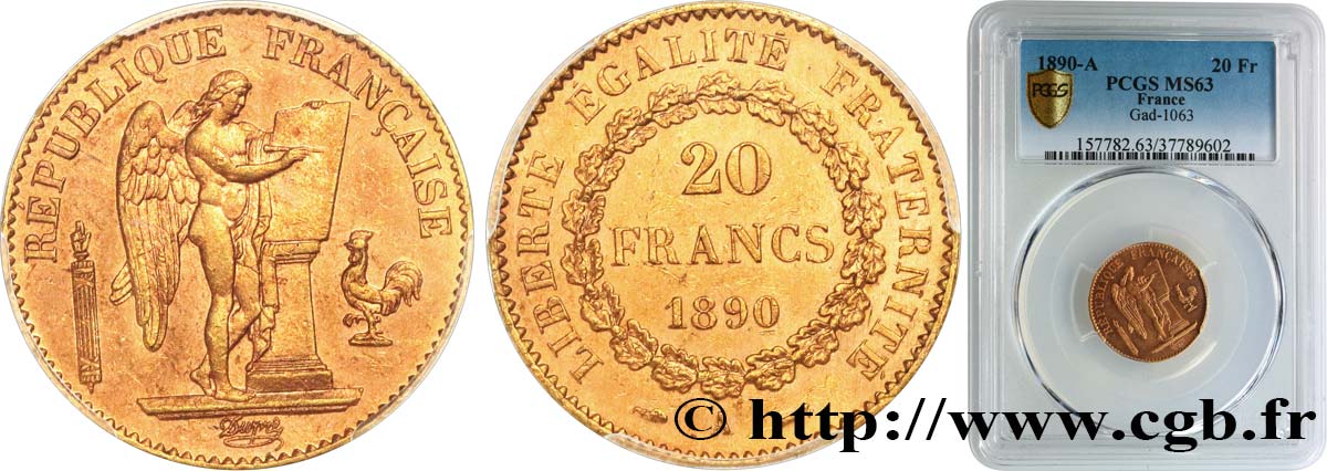20 francs or Génie, Troisième République 1890 Paris F.533/14 MS63 PCGS
