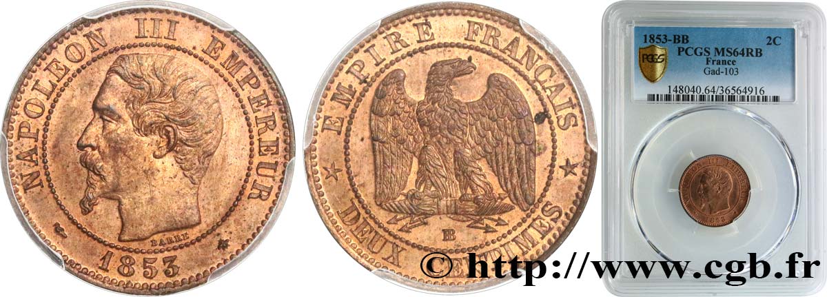 Deux centimes Napoléon III, tête nue 1853 Strasbourg F.107/3 SC64 PCGS
