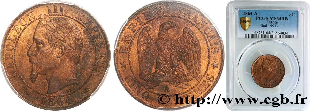 Cinq centimes Napoléon III, tête laurée 1864 Paris F.117/13 SPL64 PCGS