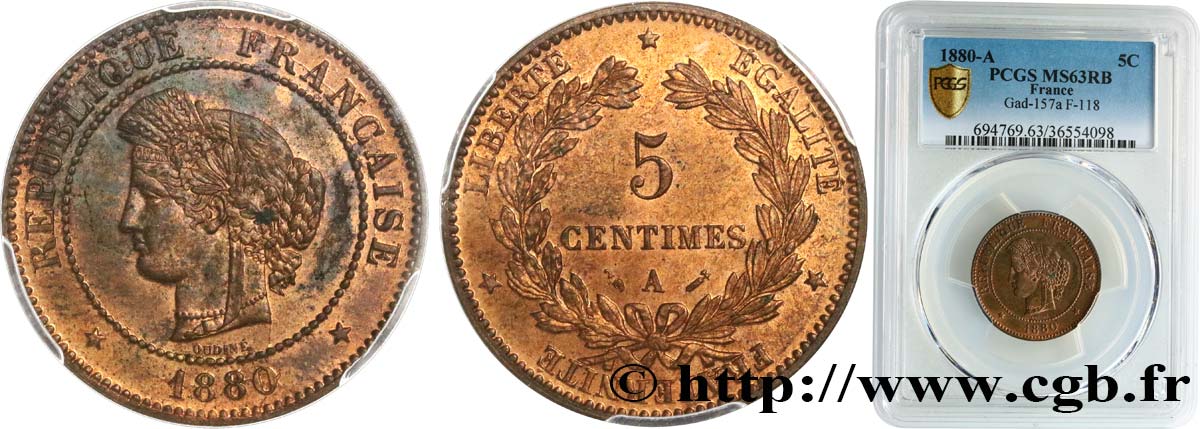 5 centimes Cérès 1880 Paris F.118/21 SC63 PCGS