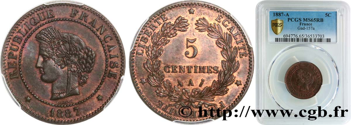 5 centimes Cérès 1887 Paris F.118/29 FDC65 PCGS