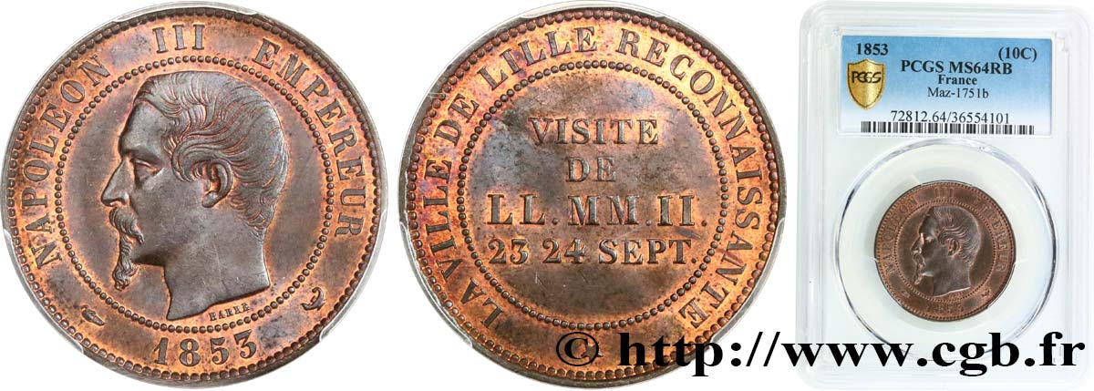 Module de dix centimes, Visite impériale à Lille les 23 et 24 septembre 1853 1853 Lille VG.3365  SPL64 PCGS
