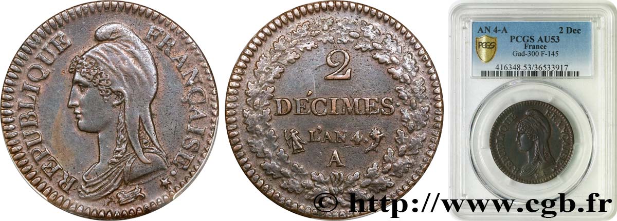 2 décimes Dupré 1796 Paris F.145/1 MBC53 PCGS