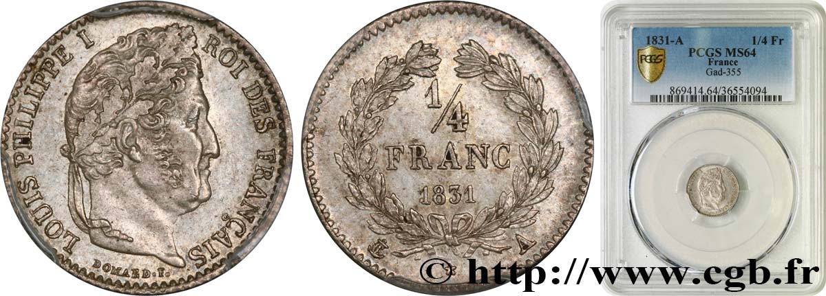 1/4 franc Louis-Philippe 1831 Paris F.166/1 MS64 PCGS