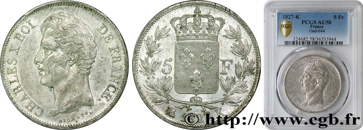 5 francs Charles X, 2e type 1827 Bordeaux F.311/7 SPL58 PCGS