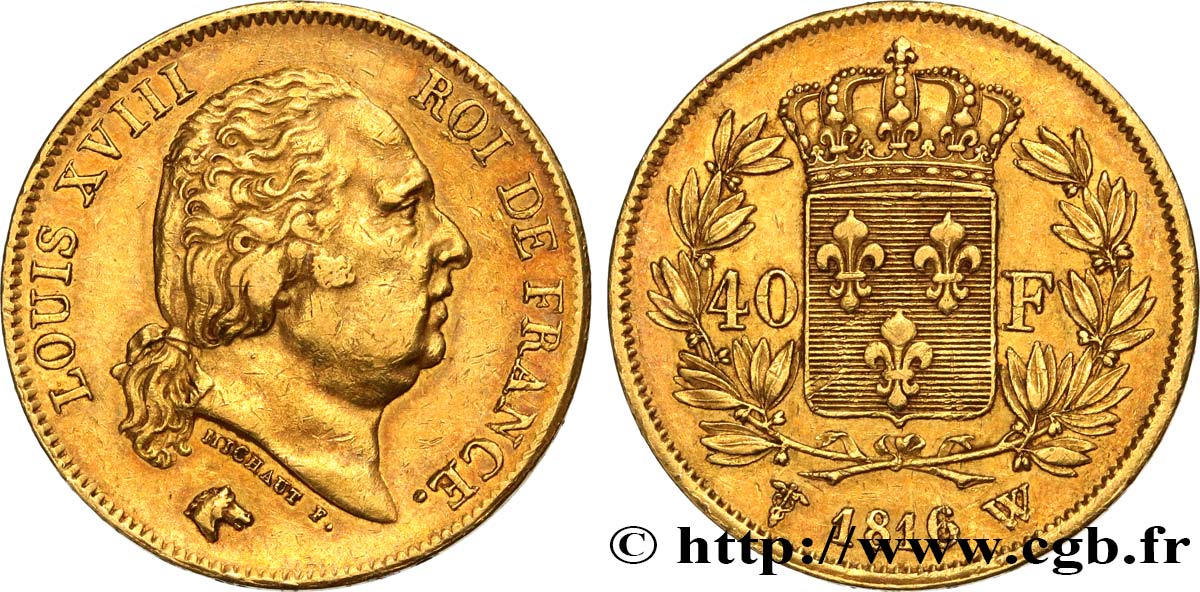 40 francs or Louis XVIII 1816 Lille F.542/5 AU50 
