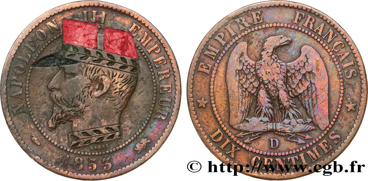Dix centimes Napoléon III, tête nue, satirique pour le Général Boulanger 1853 Lyon F.133/5 var. MB 