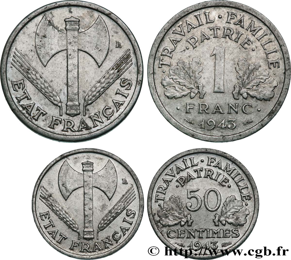 Lot de 1 franc + 50 Centimes Francisque, très légères 1943  F.223/3 BB/SPL 