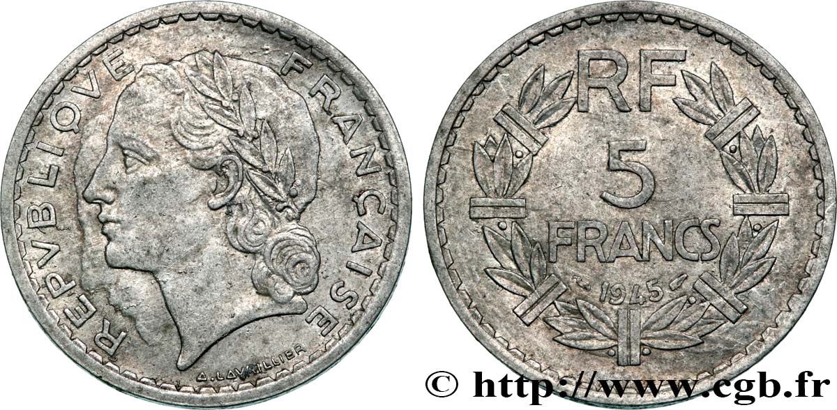 5 francs Lavrillier, aluminium, double frappe 1945  F.339/3 var. VF 