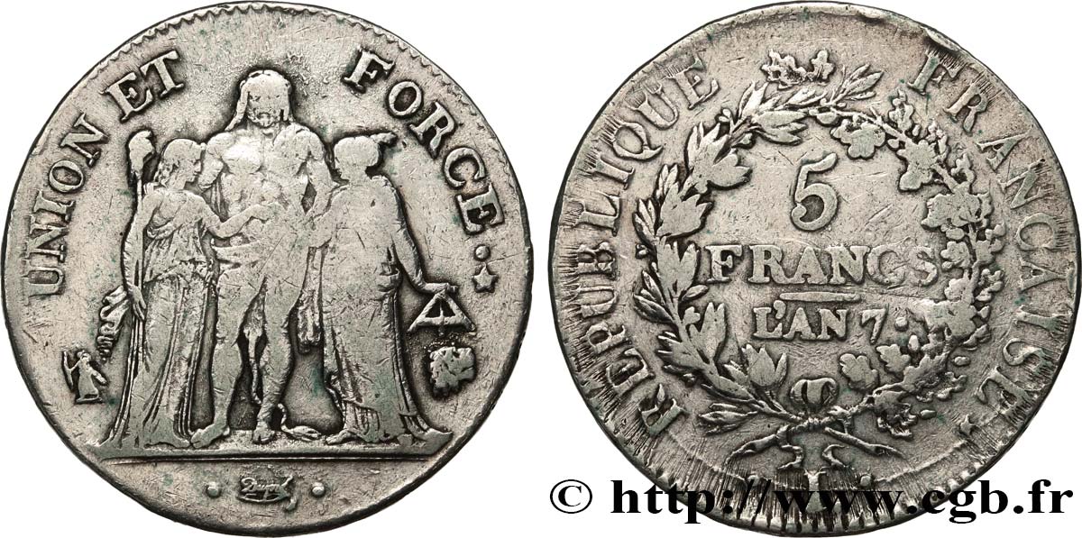 5 francs Union et Force, Union serré, seulement gland extérieur 1799 Bayonne F.288/112 TB