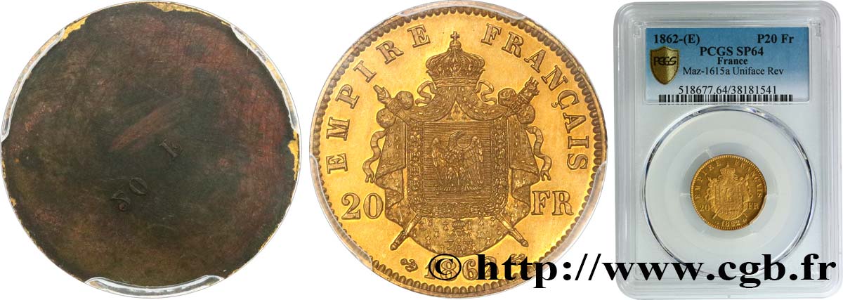 Essai de frappe de revers de 20 francs or Napoléon III, tête laurée 1862 Paris Maz.1615 a fST64 PCGS