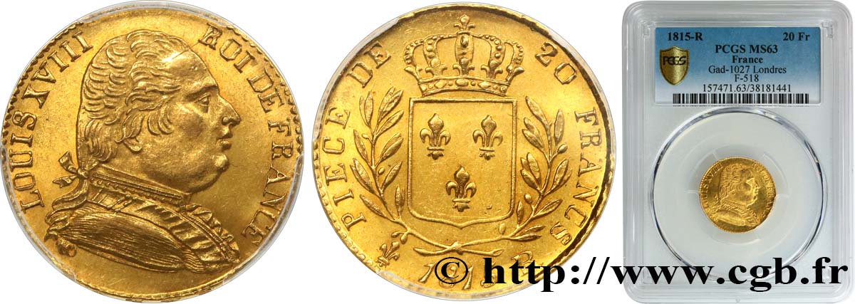 20 francs or Londres 1815 Londres F.518/1 fST63 PCGS