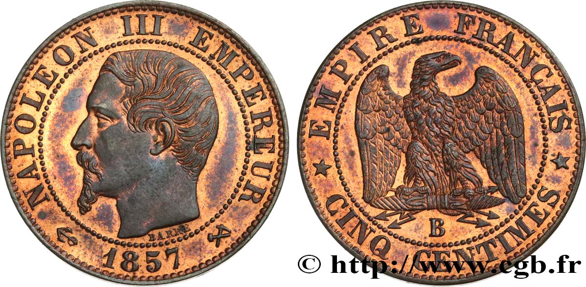 Cinq centimes Napoléon III, tête nue 1857 Rouen F.116/38 MS62 