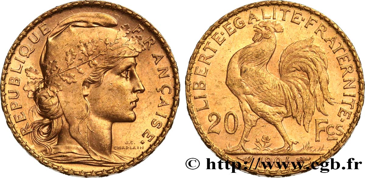 20 francs or Coq, Dieu protège la France 1904 Paris F.534/9 AU58