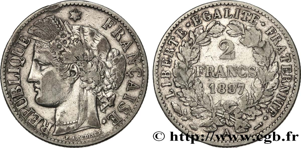 2 francs Cérès, avec légende 1887 Paris F.265/13 TB35