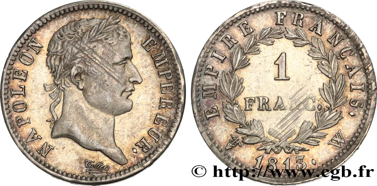 1 franc Napoléon Ier tête laurée, Empire français 1813 Lille F.205/73 TTB+ 