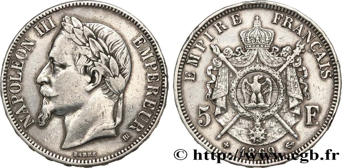 5 francs Napoléon III, tête laurée 1869 Strasbourg F.331/15 TB+