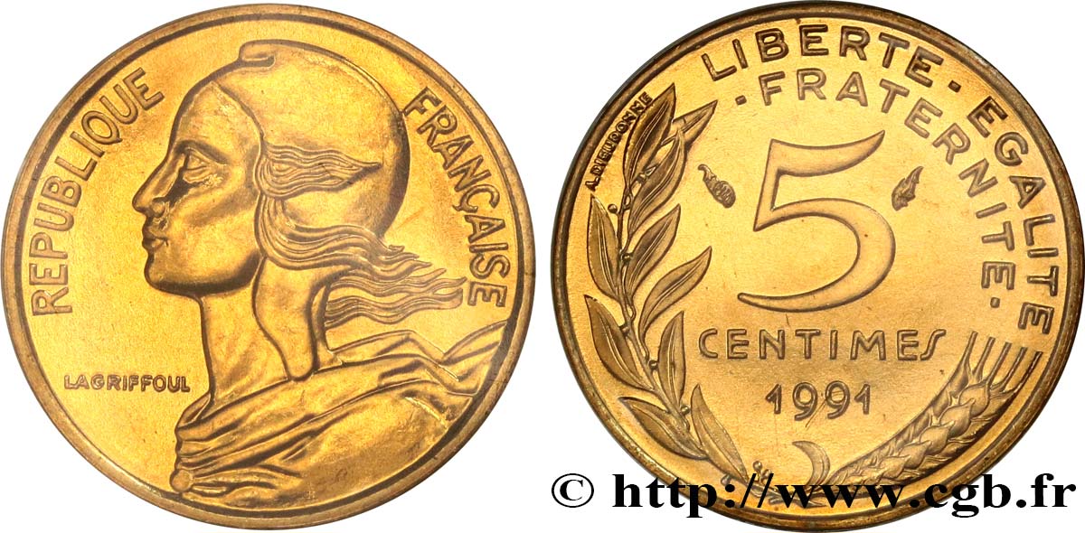 5 centimes Marianne, BU (Brillant Universel), frappe médaille 1991 Pessac F.125/28 MS