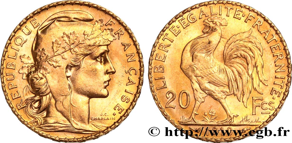 20 francs or Coq, Liberté Égalité Fraternité 1910 Paris F.535/4 EBC+