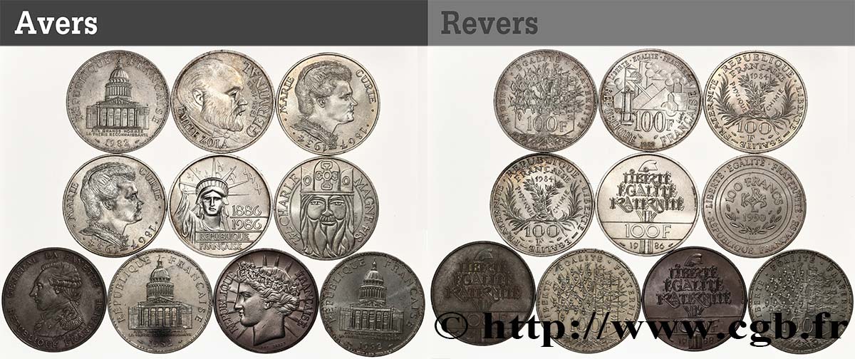 Lot de 10 pièces de 100 francs commémoratives - - F.-/ TTB