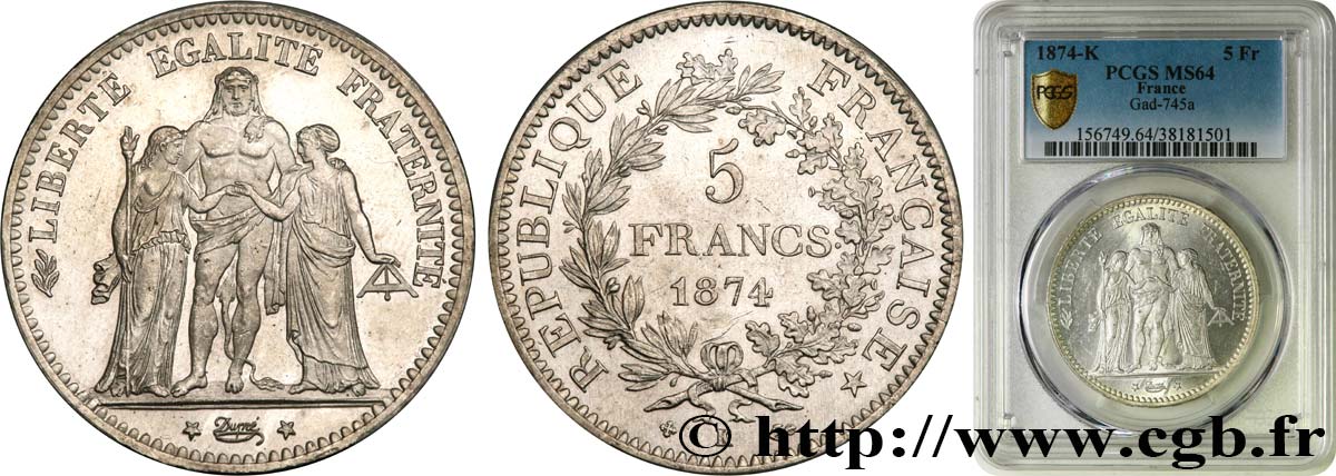 5 francs Hercule 1874 Bordeaux F.334/13 fST64 PCGS