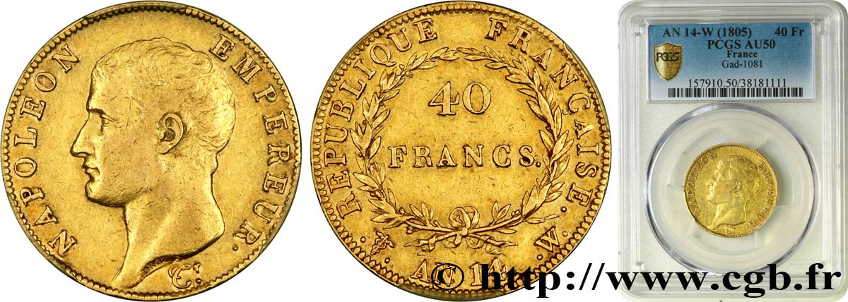 40 francs or Napoléon tête nue, Calendrier révolutionnaire 1805 Lille F.537/4 AU50 PCGS