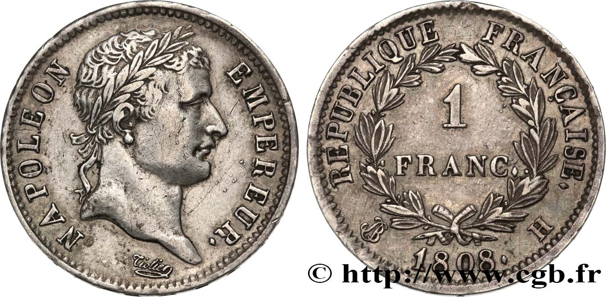 1 franc Napoléon Ier tête laurée, République française 1808 La Rochelle F.204/6 BB50 