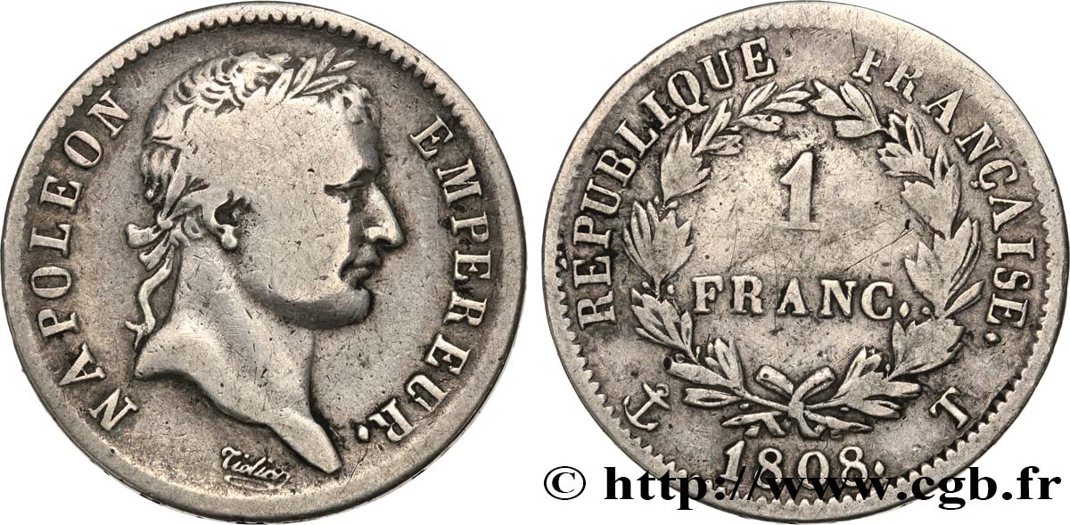 1 franc Napoléon Ier tête laurée, République française 1808 Nantes F.204/13 VF25 
