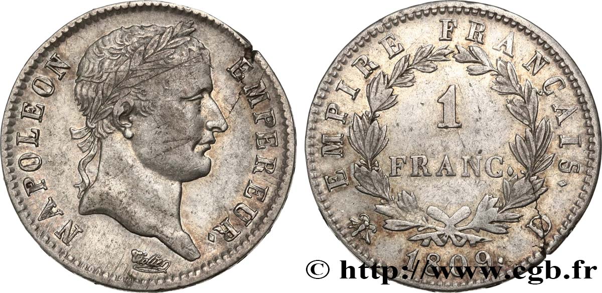 1 franc Napoléon Ier tête laurée, Empire français 1809 Lyon F.205/3 MBC 