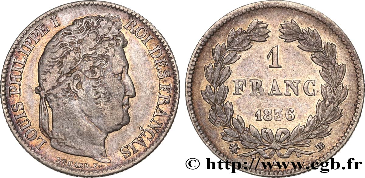1 franc Louis-Philippe, couronne de chêne 1836 Strasbourg F.210/52 MBC45 